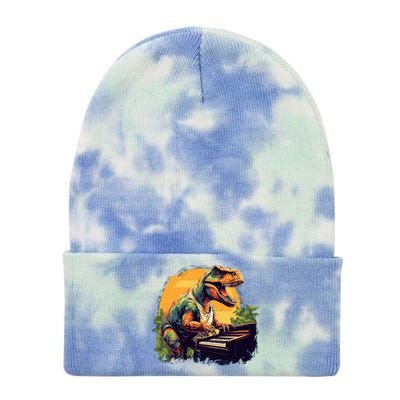 Funny T Rex Dinosaurs With Piano For Music Instrut Fans Gift Tie Dye 12in Knit Beanie