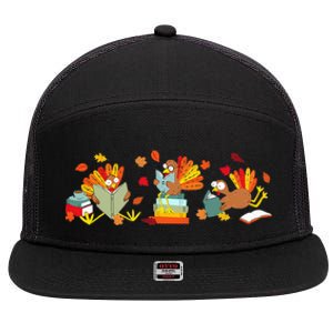 Funny Turkey Reading Book Librarian Bookworm Thanksgiving 7 Panel Mesh Trucker Snapback Hat