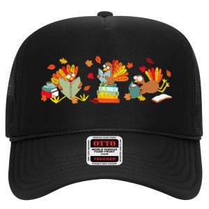 Funny Turkey Reading Book Librarian Bookworm Thanksgiving High Crown Mesh Back Trucker Hat