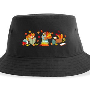 Funny Turkey Reading Book Librarian Bookworm Thanksgiving Sustainable Bucket Hat