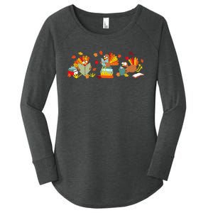 Funny Turkey Reading Book Librarian Bookworm Thanksgiving Women's Perfect Tri Tunic Long Sleeve Shirt