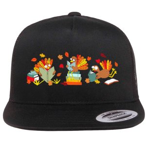 Funny Turkey Reading Book Librarian Bookworm Thanksgiving Flat Bill Trucker Hat