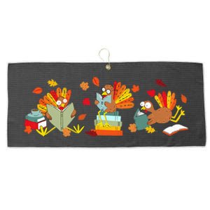 Funny Turkey Reading Book Librarian Bookworm Thanksgiving Large Microfiber Waffle Golf Towel