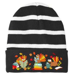 Funny Turkey Reading Book Librarian Bookworm Thanksgiving Striped Beanie with Solid Band