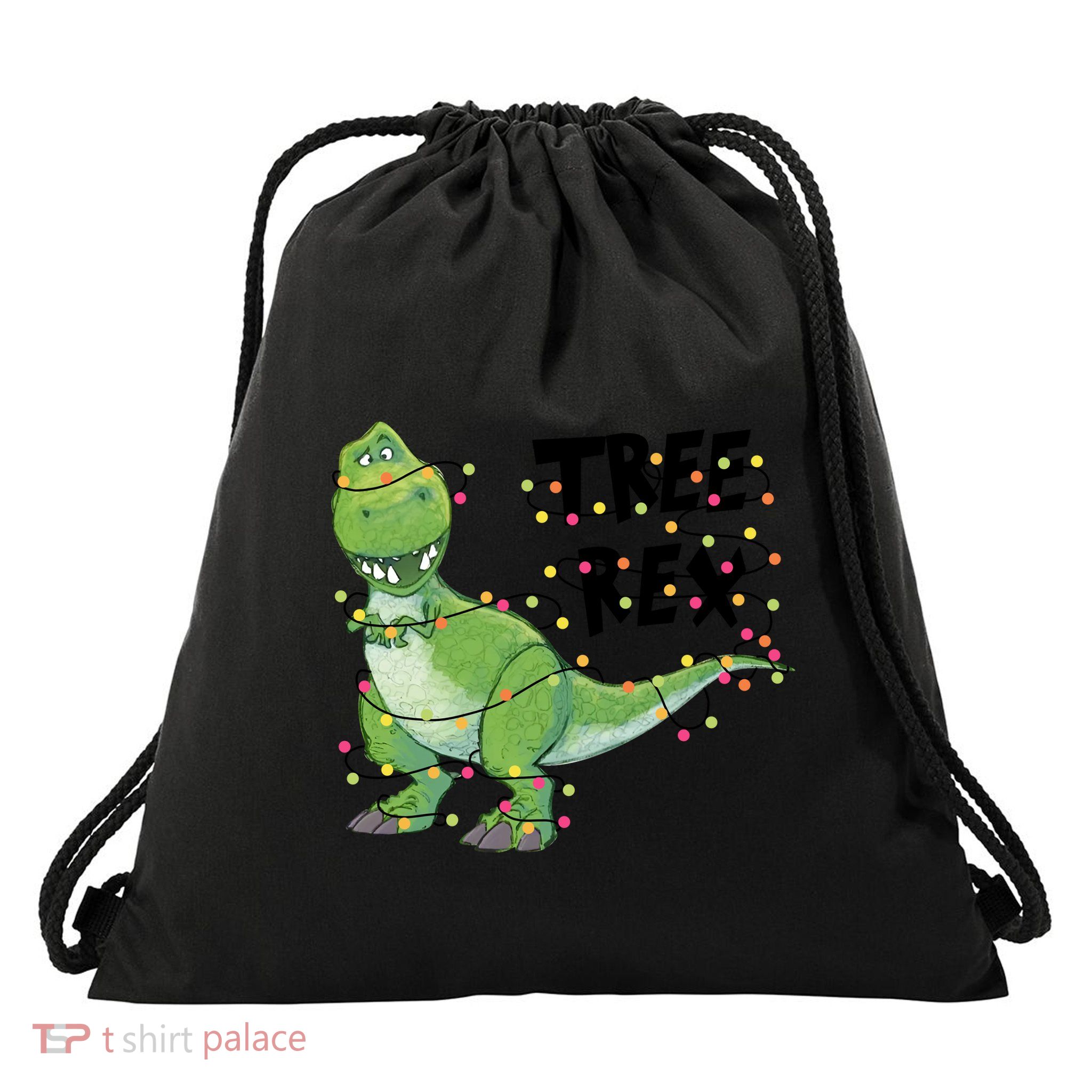 Festive Tree Rex Dinosaur T Rex Christmas Lights Drawstring Bag