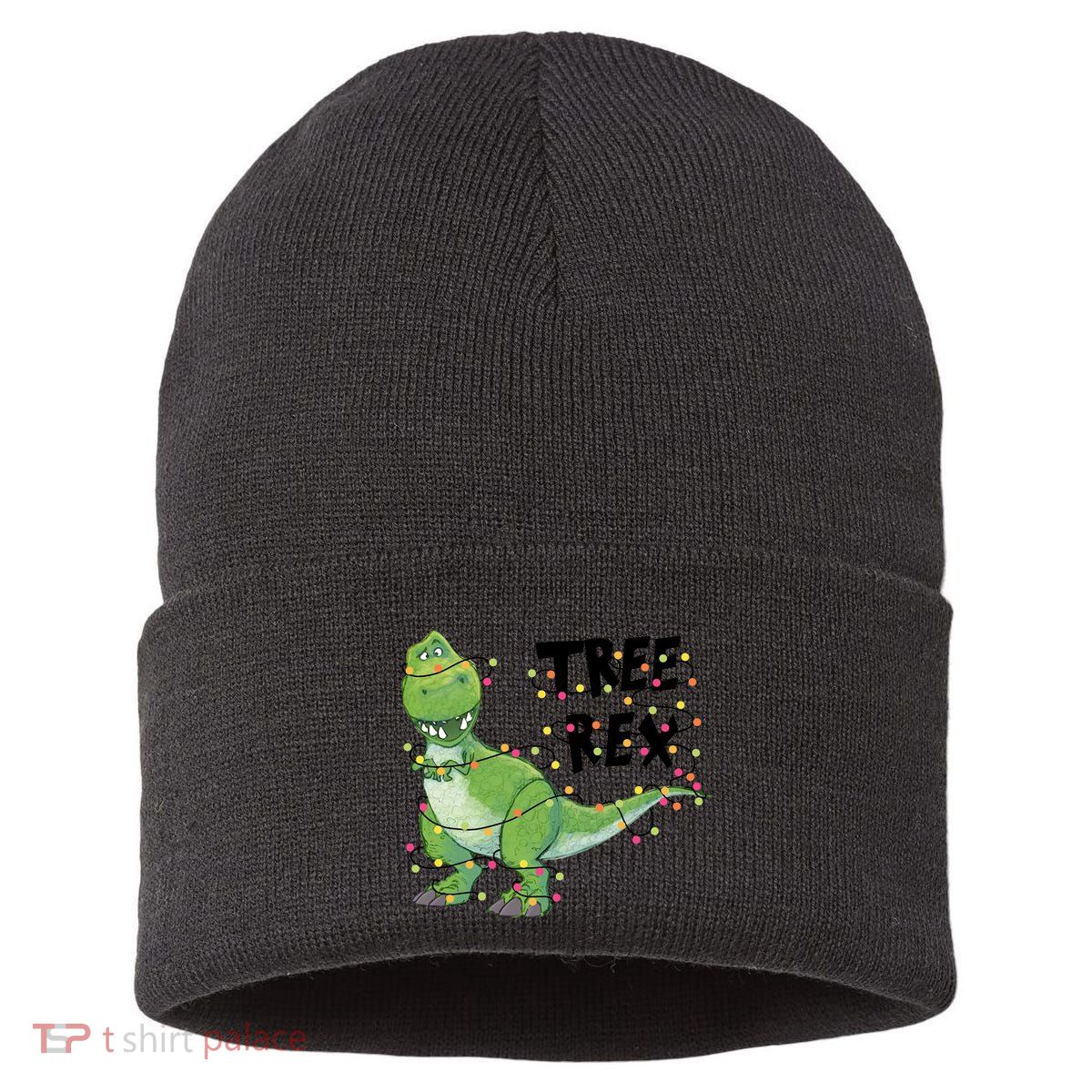Festive Tree Rex Dinosaur T Rex Christmas Lights Sustainable Knit Beanie