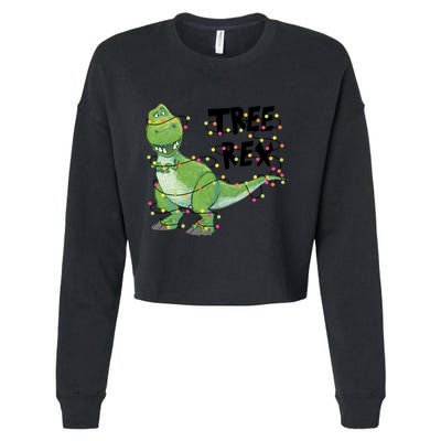 Festive Tree Rex Dinosaur T Rex Christmas Lights Cropped Pullover Crew