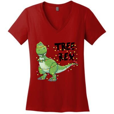 Festive Tree Rex Dinosaur T Rex Christmas Lights Women's V-Neck T-Shirt