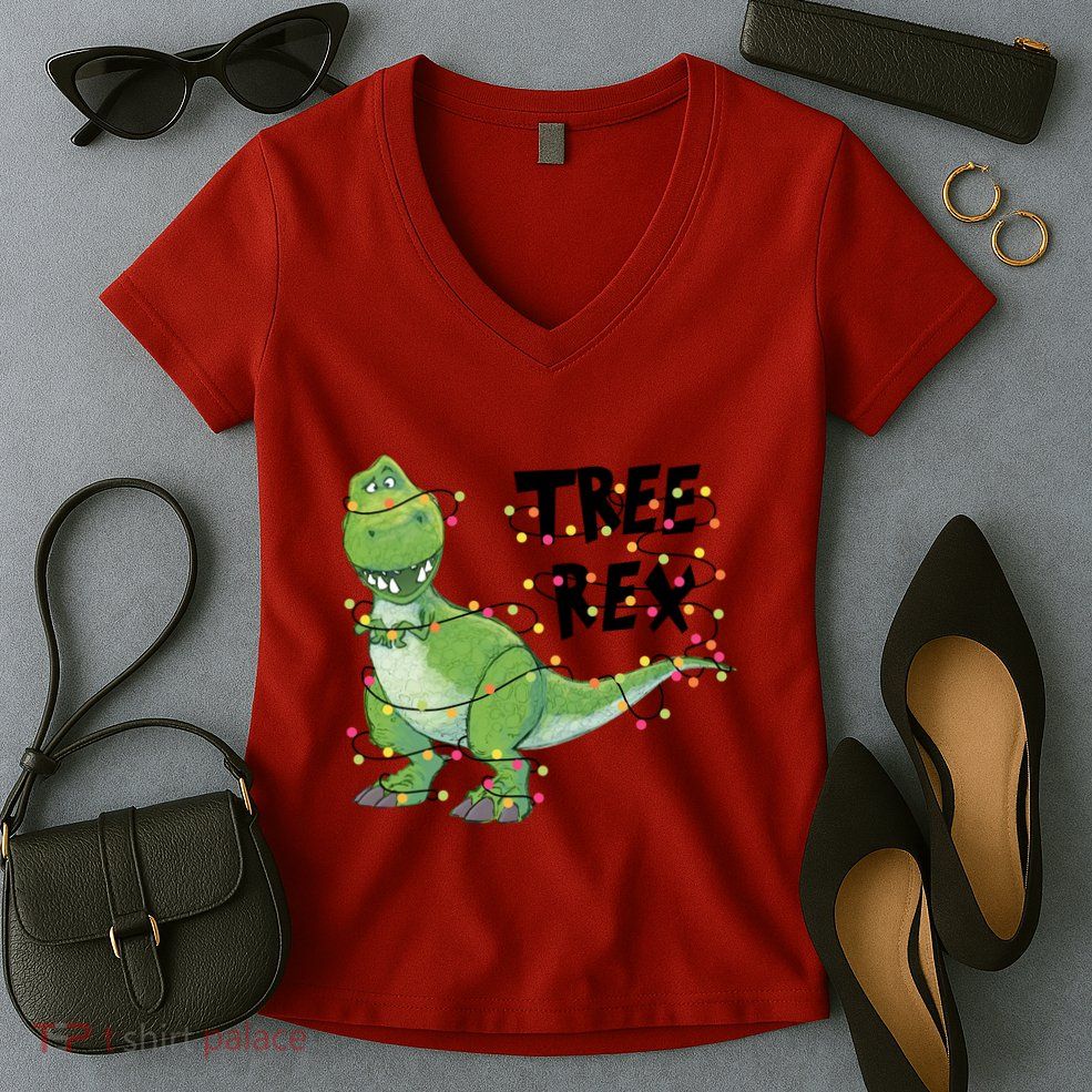 Festive Tree Rex Dinosaur T Rex Christmas Lights Women's V-Neck T-Shirt