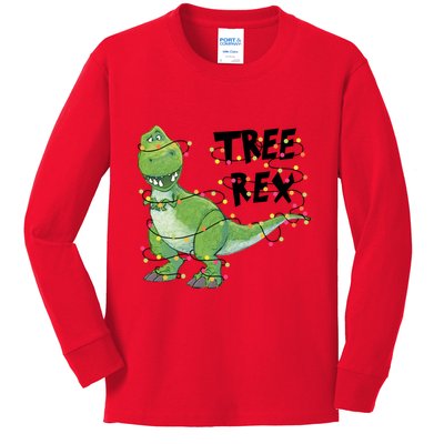 Festive Tree Rex Dinosaur T Rex Christmas Lights Kids Long Sleeve Shirt