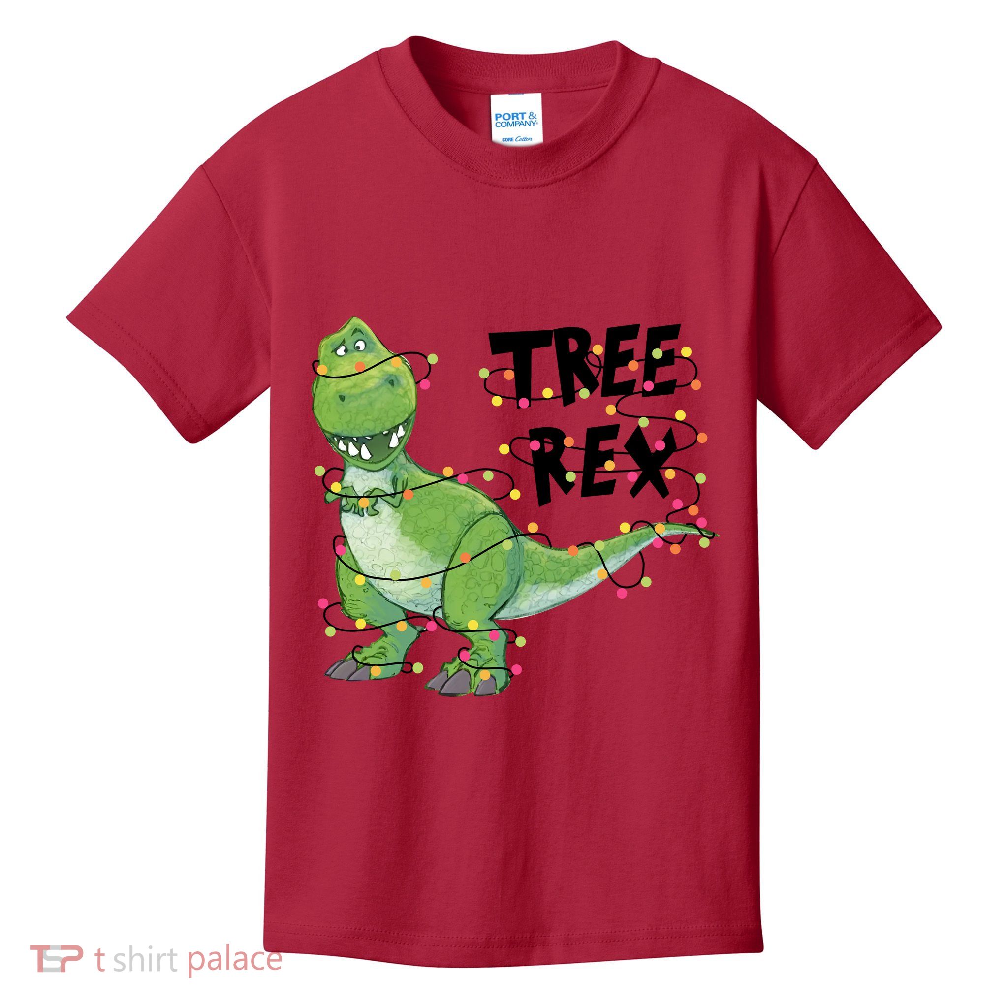 Festive Tree Rex Dinosaur T Rex Christmas Lights Kids T-Shirt