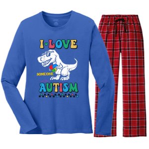 Funny T Rex Dino Dinosaur I Love Someone With Autism Gift Women's Long Sleeve Flannel Pajama Set 