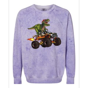 Funny T Rex Wearing Glasses On Monster Truck Colorblast Crewneck Sweatshirt