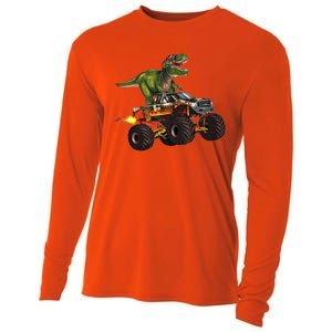 Funny T Rex Wearing Glasses On Monster Truck Cooling Performance Long Sleeve Crew