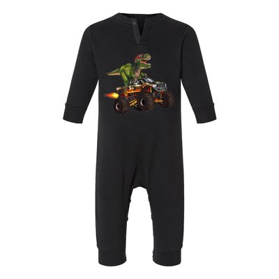 Funny T Rex Wearing Glasses On Monster Truck Infant Fleece One Piece