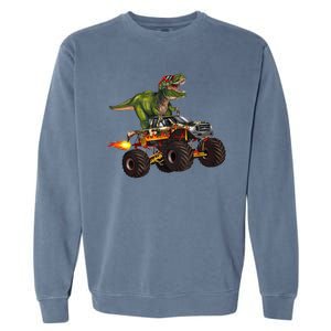 Funny T Rex Wearing Glasses On Monster Truck Garment-Dyed Sweatshirt