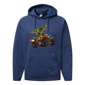 Funny T Rex Wearing Glasses On Monster Truck Performance Fleece Hoodie