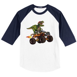 Funny T Rex Wearing Glasses On Monster Truck Baseball Sleeve Shirt