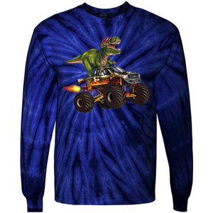 Funny T Rex Wearing Glasses On Monster Truck Tie-Dye Long Sleeve Shirt