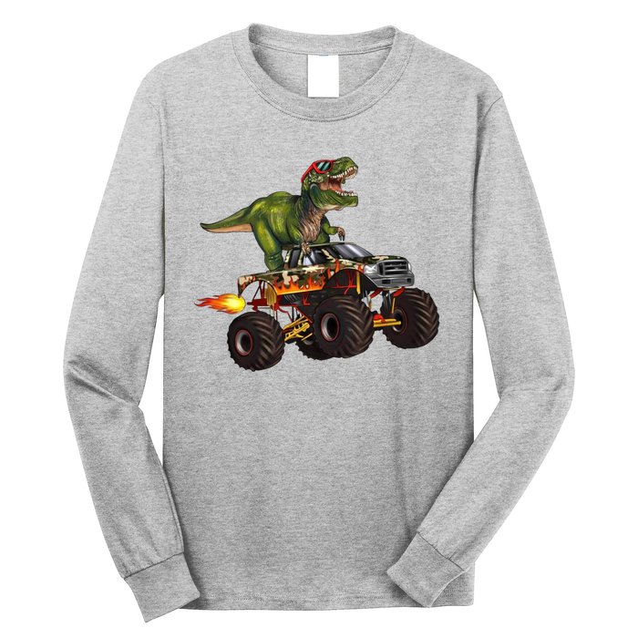 Funny T Rex Wearing Glasses On Monster Truck Long Sleeve Shirt