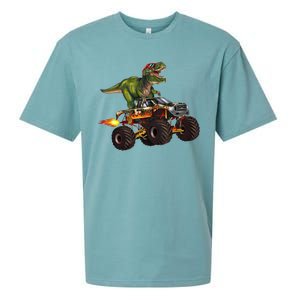 Funny T Rex Wearing Glasses On Monster Truck Sueded Cloud Jersey T-Shirt