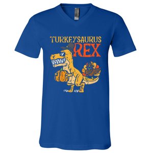 Funny Turkeysaurus Rex Dab Turkey Dino Thanksgiving V-Neck T-Shirt