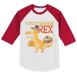 Funny Turkeysaurus Rex Dab Turkey Dino Thanksgiving Kids Colorblock Raglan Jersey