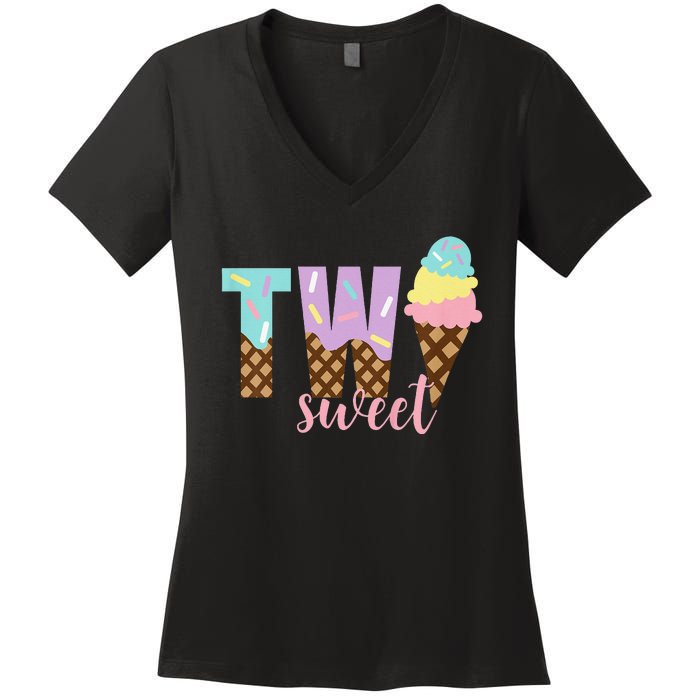 Funny Two Sweet Ice Cream 2nd Birthday Women's V-Neck T-Shirt