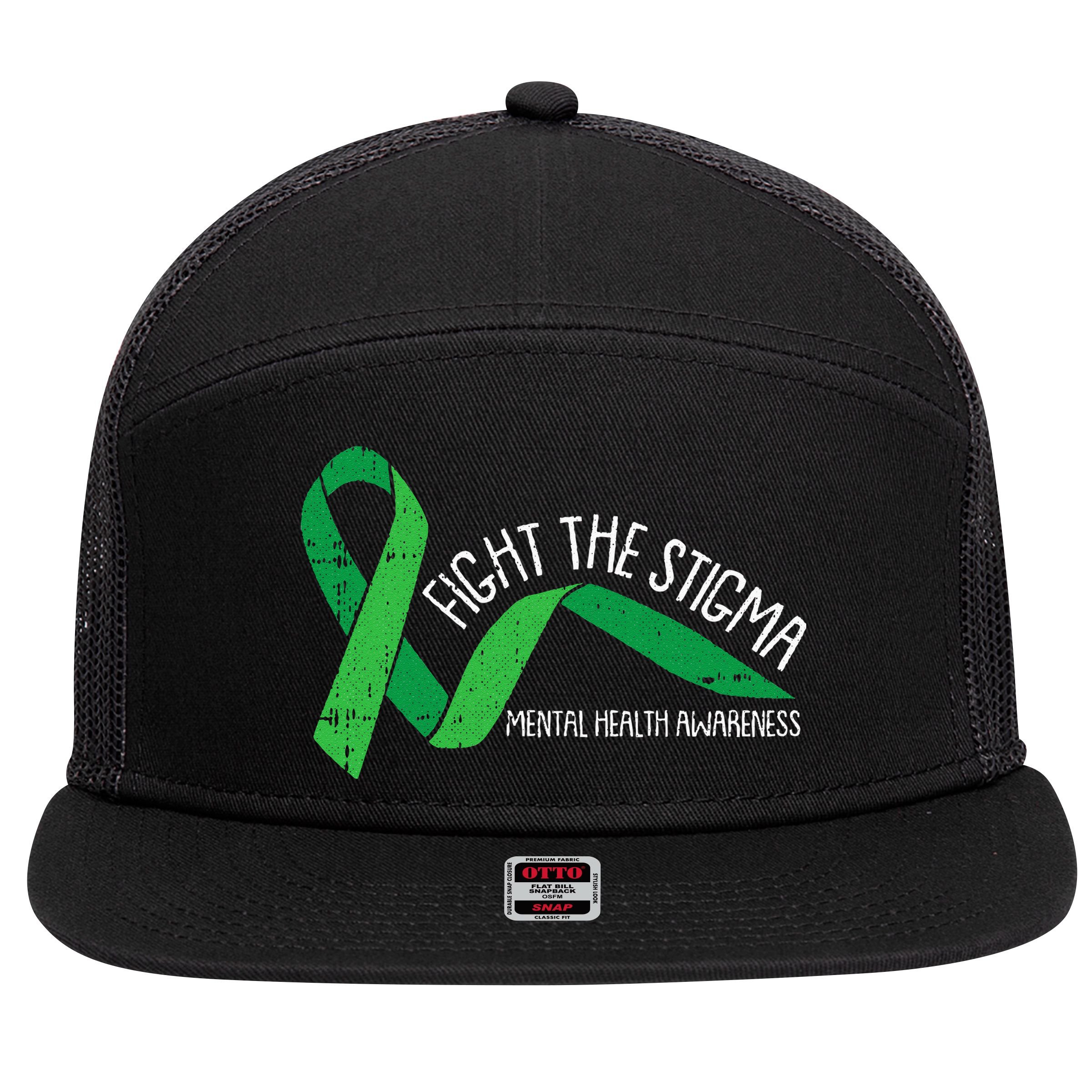 Fight The Stigma Mental Health Awareness Green Ribbon 7 Panel Mesh Trucker Snapback Hat