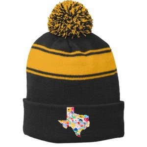 Flower Texas State Floral Design Stripe Pom Pom Beanie