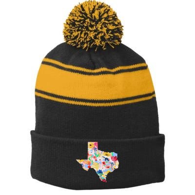 Flower Texas State Floral Design Stripe Pom Pom Beanie