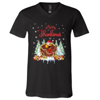 Funny Turkey Santa Merry Thanksmas Christmas Thanksgiving V-Neck T-Shirt