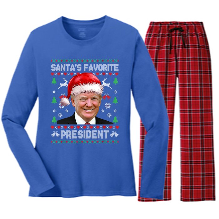 Funny Trump SantaS Favorite President Ugly Xmas Funny Gift Women's Long Sleeve Flannel Pajama Set 