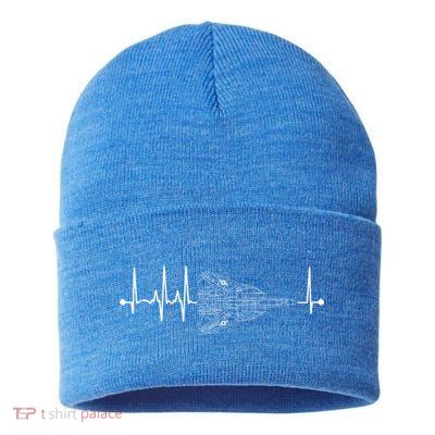 F14 Tomcat Schematic Airplane Pulse Ekg Pilot Heartbeat Cute Gift Sustainable Knit Beanie
