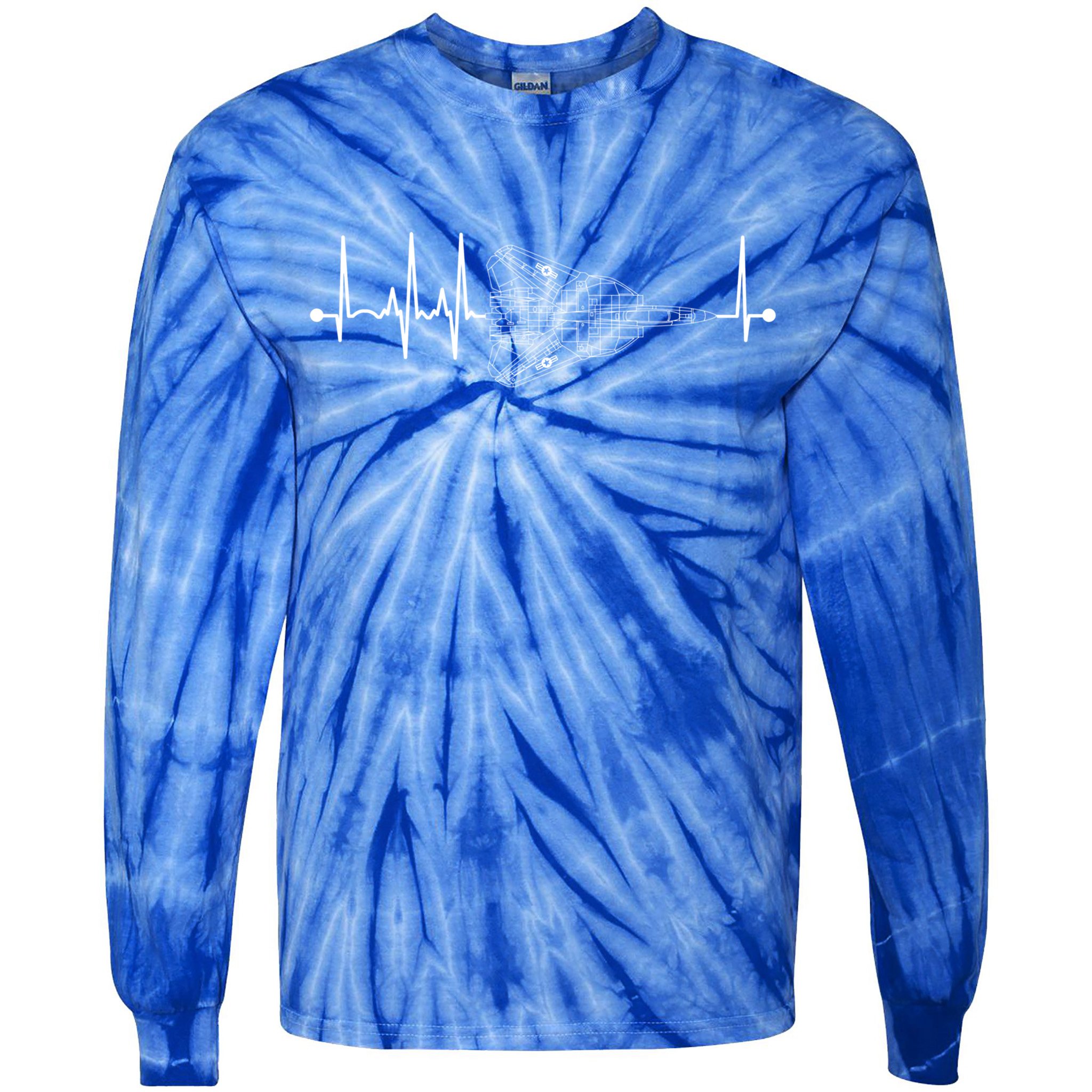 F14 Tomcat Schematic Airplane Pulse Ekg Pilot Heartbeat Cute Gift Tie-Dye Long Sleeve Shirt