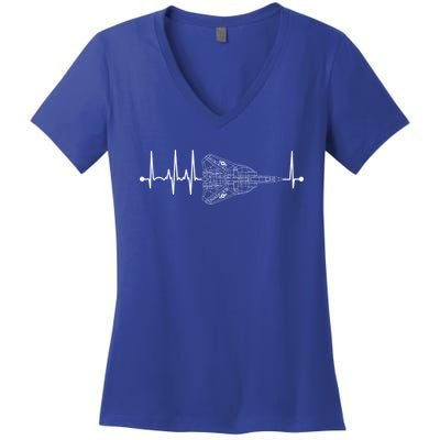 F14 Tomcat Schematic Airplane Pulse Ekg Pilot Heartbeat Cute Gift Women's V-Neck T-Shirt