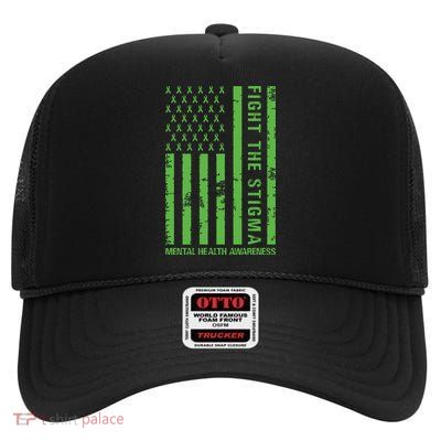 Fight The Stigma Mental Health Awareness Green Usa Flag High Crown Mesh Back Trucker Hat