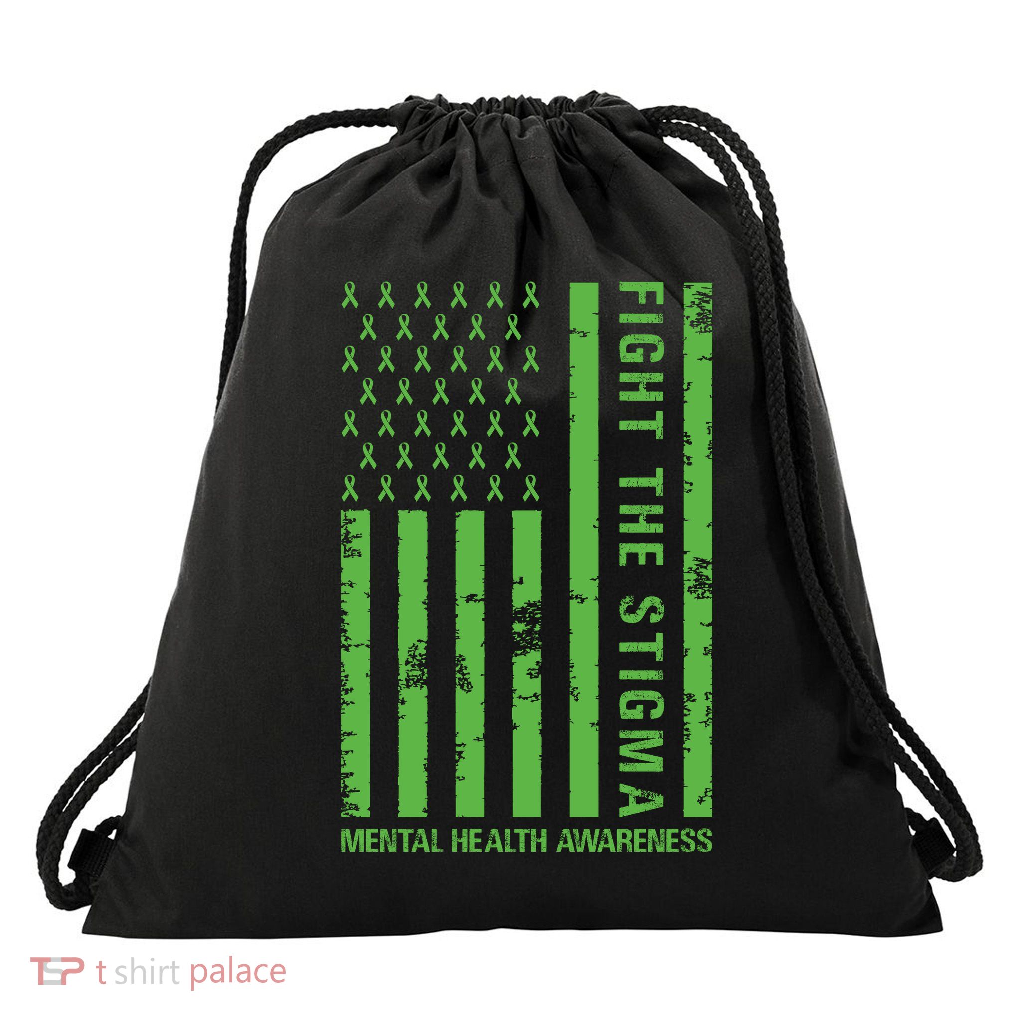 Fight The Stigma Mental Health Awareness Green Usa Flag Drawstring Bag