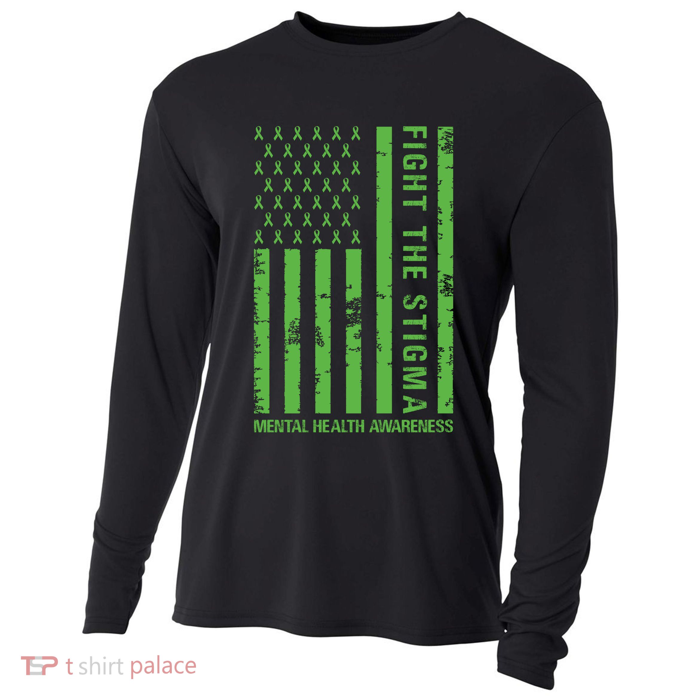 Fight The Stigma Mental Health Awareness Green Usa Flag Cooling Performance Long Sleeve Crew