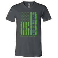 Fight The Stigma Mental Health Awareness Green Usa Flag V-Neck T-Shirt