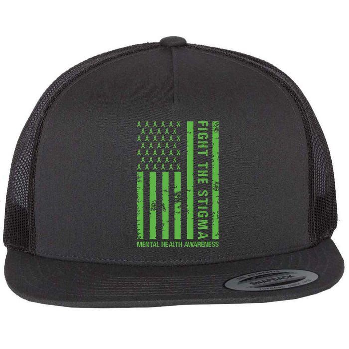 Fight The Stigma Mental Health Awareness Green Usa Flag Flat Bill Trucker Hat