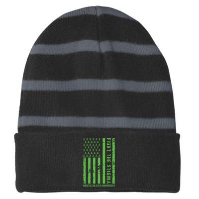 Fight The Stigma Mental Health Awareness Green Usa Flag Striped Beanie with Solid Band