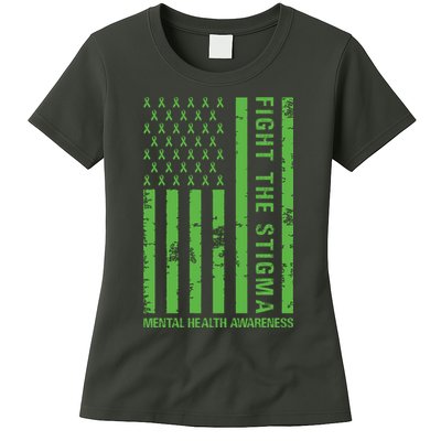 Fight The Stigma Mental Health Awareness Green Usa Flag Womens T-Shirt