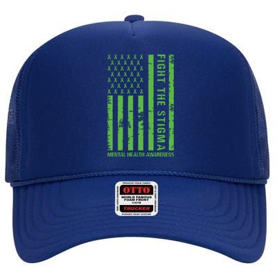 Fight The Stigma Mental Health Awareness Green Usa Flag High Crown Mesh Back Trucker Hat