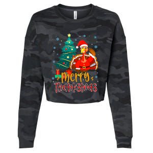 Funny Turkey Santa Merry Thanksmas Christmas Thanksgiving Cropped Pullover Crew