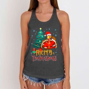 Funny Turkey Santa Merry Thanksmas Christmas Thanksgiving Women's Knotted Racerback Tank