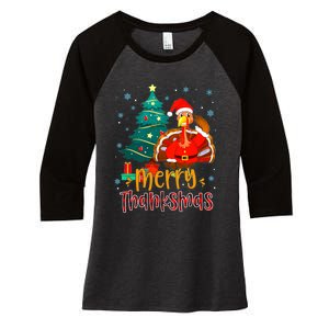 Funny Turkey Santa Merry Thanksmas Christmas Thanksgiving Women's Tri-Blend 3/4-Sleeve Raglan Shirt