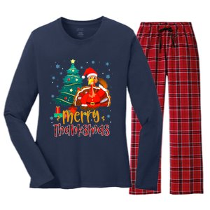 Funny Turkey Santa Merry Thanksmas Christmas Thanksgiving Women's Long Sleeve Flannel Pajama Set 