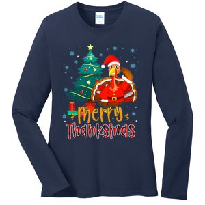 Funny Turkey Santa Merry Thanksmas Christmas Thanksgiving Ladies Long Sleeve Shirt