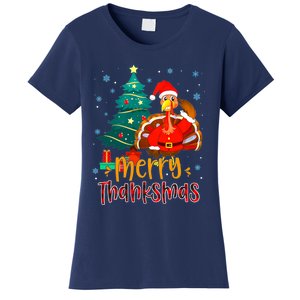 Funny Turkey Santa Merry Thanksmas Christmas Thanksgiving Women's T-Shirt